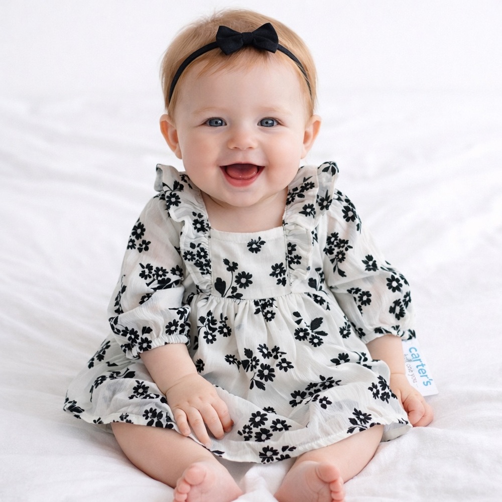 Carters Baby Girl 6 Mo Floral Lined Dress Ruffles Cream & Black Diaper Cover NWT